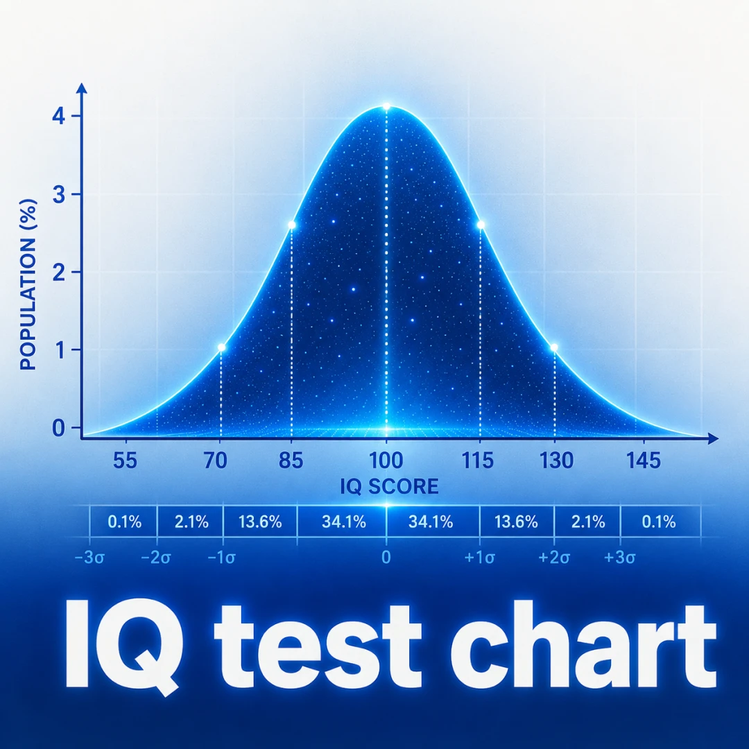 Tabla del test de CI: la curva de campana que muestra cómo se distribuyen las puntuaciones de CI en torno a un promedio de 100
